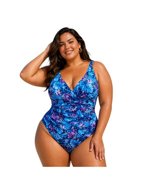 HALCURT Tropical Floral One Piece Swimsuit 3X Blue Purple Tummy Control NWT